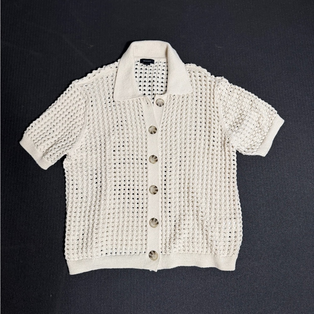 Halogen Crochet Knit Button Front Short Sleeve Cardigan Sweater Cream